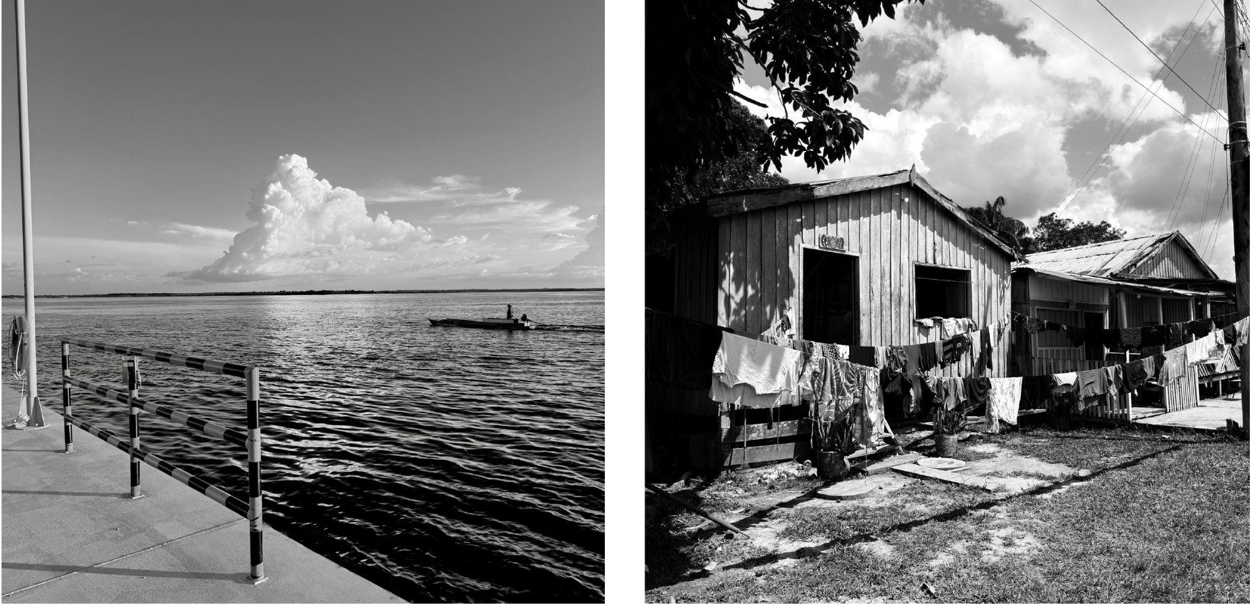 Orla do rio com barco ao fundo e casa ribeirinha com varal de roupas